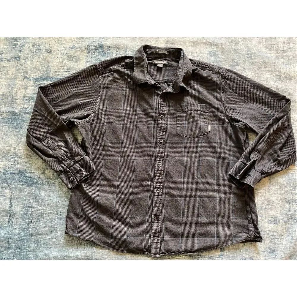 Eddie Bauer Black Gray Blue Plaid Long Sleeve Button Down Shirt 2XL